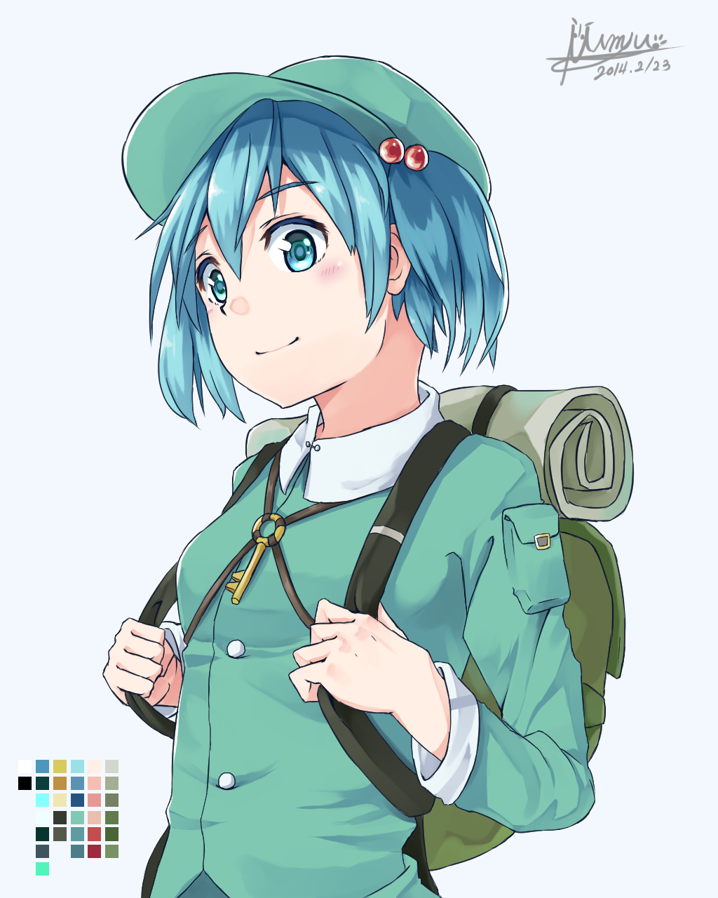 1girl backpack bag blue_eyes blue_hair blush dress hair_bobbles hair_ornament hat highres kawashiro_nitori key long_sleeves looking_at_viewer mumyuu pocket shirt short_hair short_twintails simple_background smile solo touhou twintails white_background