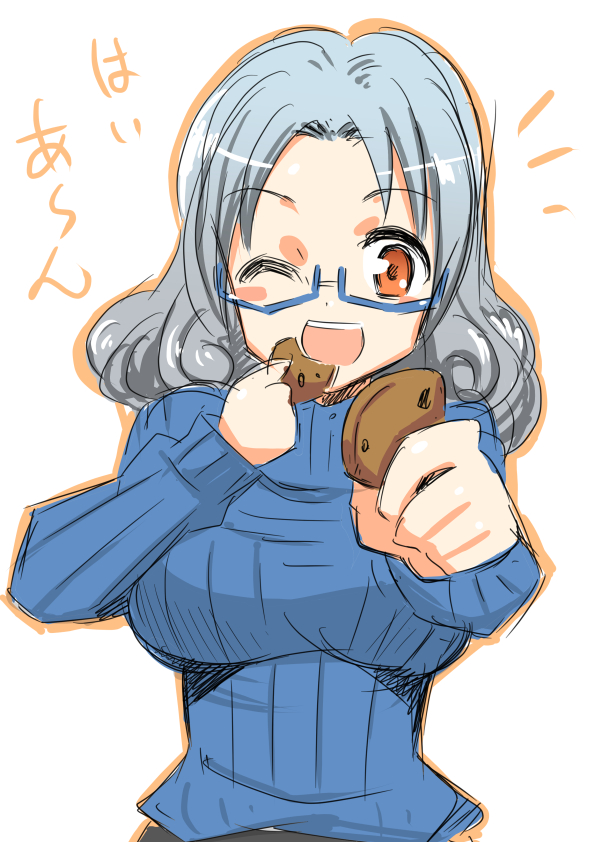 1girl ;d blush_stickers cookie cookie_clicker eating food glasses grandma_(cookie_clicker) grey_hair open_mouth pov_feeding red_eyes ribbed_sweater rough smile solo sweater tagme takuji_(dekosenn) wink younger