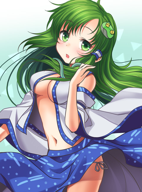 1girl blush bow breasts detached_sleeves frog_hair_ornament green_eyes green_hair hair_ornament hair_tubes japanese_clothes kei_kei kochiya_sanae long_hair long_sleeves looking_at_viewer midriff miko navel open_clothes open_mouth open_shirt shirt simple_background skirt skirt_set snake_hair_ornament solo string touhou upskirt vest wide_sleeves