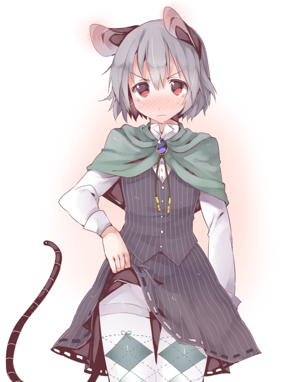 1girl adapted_costume akagashi_hagane alternate_costume animal_ears blush capelet embarrassed gradient gradient_background grey_hair jewelry long_sleeves looking_at_viewer mouse_ears mouse_tail nazrin pantyhose red_eyes shirt short_hair simple_background skirt skirt_lift skirt_set solo string striped striped_shirt striped_skirt sweatdrop tail touhou vest white_legwear white_shirt