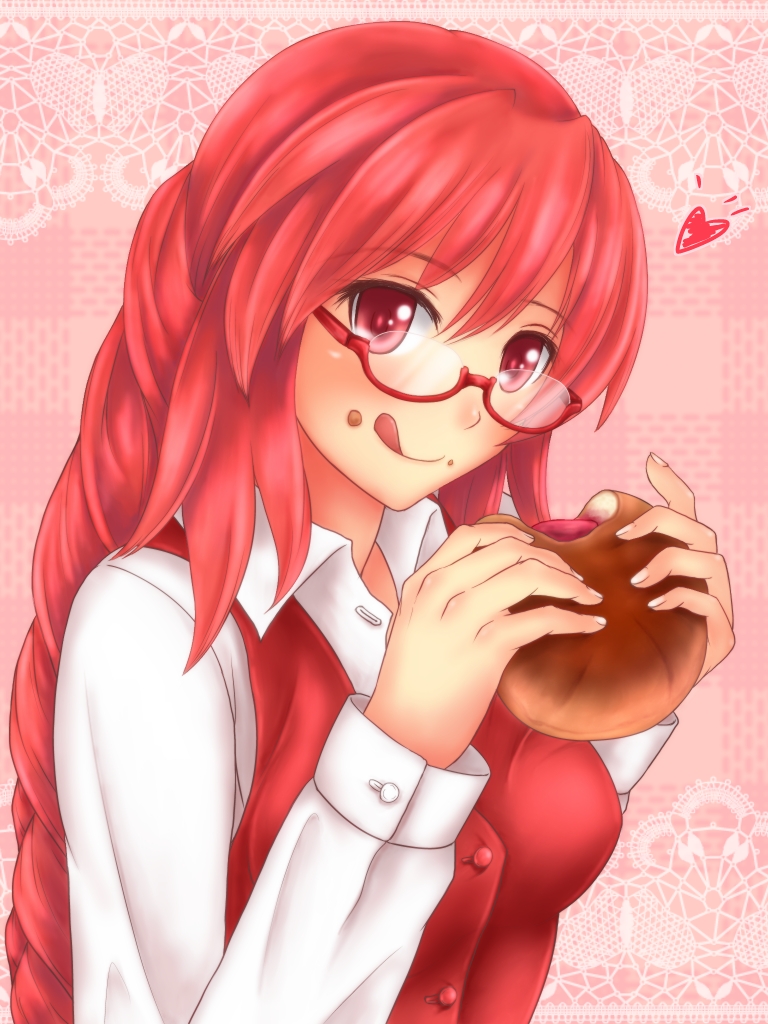 1girl :q bespectacled braid bread breasts checkered checkered_background fingernails food food_on_face glasses head_tilt heart hozenkakari index_finger_raised jam lace_border long_hair long_sleeves looking_at_viewer okazaki_yumemi pink_background red_eyes redhead semi-rimless_glasses single_braid solo tongue touhou touhou_(pc-98) under-rim_glasses vest