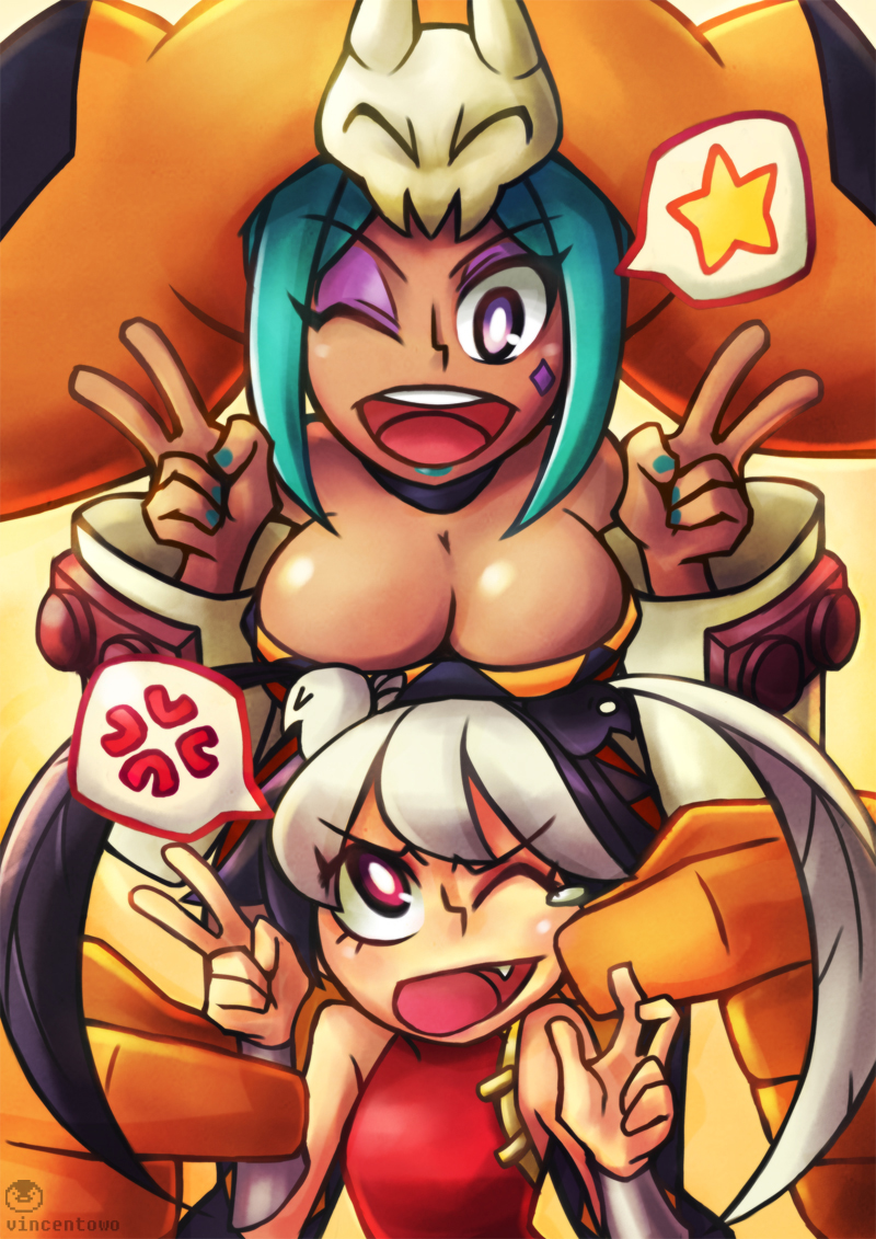 2girls anger_vein animal_on_head aqua_hair bare_shoulders bird bird_on_head black_hair breast_rest breasts breasts_on_head cerebella_(skullgirls) chinese_clothes choker cleavage dark_skin detached_sleeves double_v eyeshadow facial_tattoo fang feathers feng_(skullgirls) flat_chest green_lipstick hat large_breasts lipstick living_clothes makeup multicolored_hair multiple_girls nail_polish red_eyes short_hair skullgirls spoken_anger_vein spoken_star tattoo two-tone_hair v vambraces vice-versa_(skullgirls) vincent_(hiyakuen) violet_eyes white_hair wink