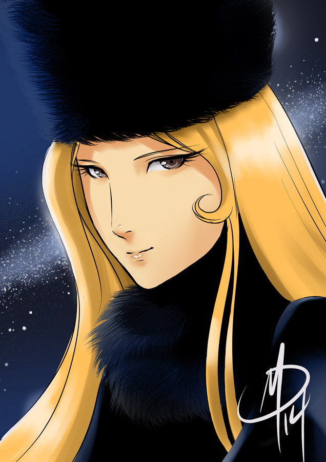 1girl blonde_hair brown_eyes daniel_macgregor eyelashes feather_boa fur_hat ginga_tetsudou_999 hat lips long_hair maetel sky smile solo star_(sky) starry_sky ushanka