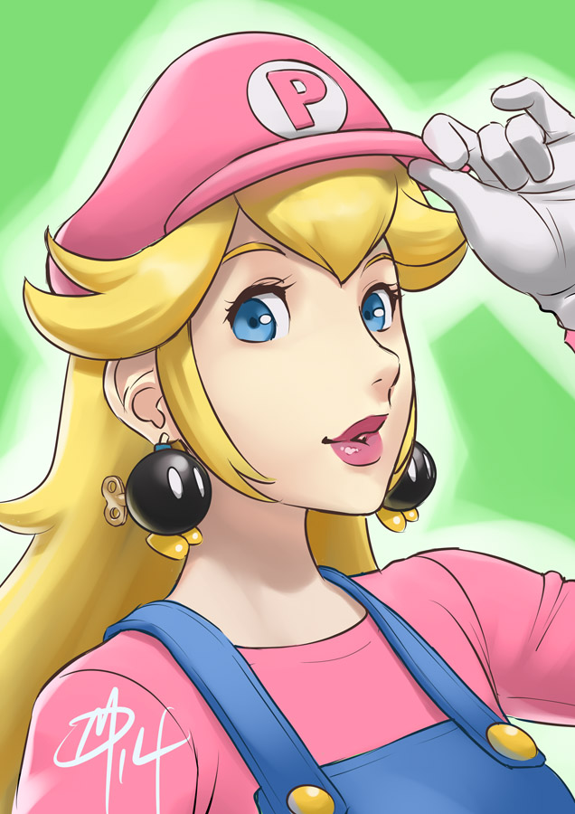 1girl blonde_hair blue_eyes bob-omb daniel_macgregor earrings gloves hat hat_tip jewelry lipstick long_hair makeup parted_lips pink_lipstick princess_peach solo super_mario_bros. suspenders white_gloves