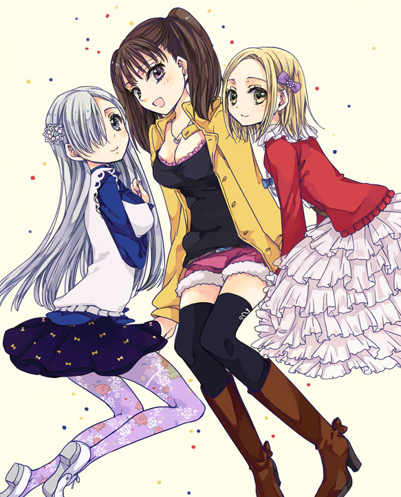 0ink2 3girls belt blonde_hair blue_eyes blush boots breasts brown_boots brown_hair casual cleavage diane_(nanatsu_no_taizai) dress elaine eyelashes fashion flower frills hair_flower hair_ornament hair_over_eyes hair_over_one_eye hair_ribbon happy high_heels jacket knee_boots leoneth_elizabeth long_hair looking_at_viewer multiple_girls nanatsu_no_taizai open_mouth pantyhose red_jacket ribbon shirt shoes shorts silver_hair sitting skirt smile thigh-highs thighs twintails violet_eyes yellow_eyes yellow_jacket