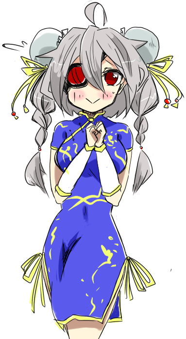 1girl ahoge alternate_costume alternate_hairstyle blazblue chinese_clothes eyepatch nu-13 red_eyes silver_hair