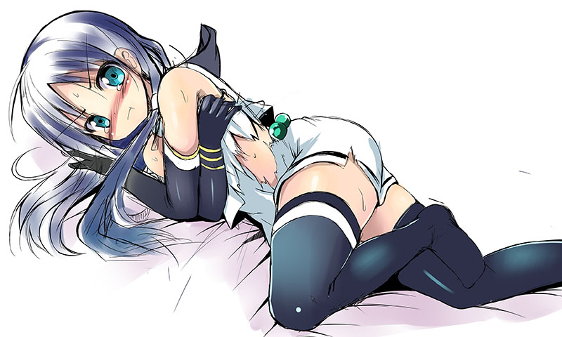 1girl :t aqua_eyes black_gloves black_legwear blue_hair blush elbow_gloves gloves kantai_collection long_hair looking_at_viewer lying no_shoes on_side personification sen_(astronomy) solo suzukaze_(kantai_collection) tears thigh-highs torn_clothes