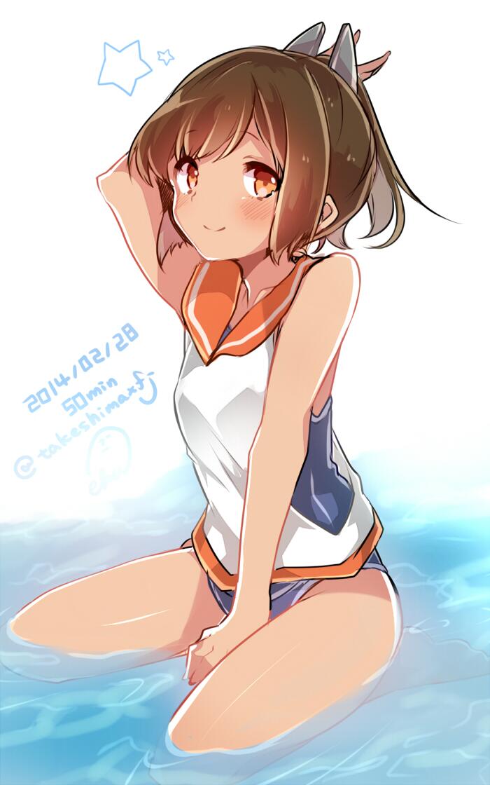 1girl arm_up between_thighs blush brown_eyes brown_hair dated hair_ornament i-401_(kantai_collection) kantai_collection looking_at_viewer partially_submerged personification sailor_collar school_swimsuit short_hair short_ponytail signature sitting smile solo star swimsuit swimsuit_under_clothes takeshima_(nia) tan