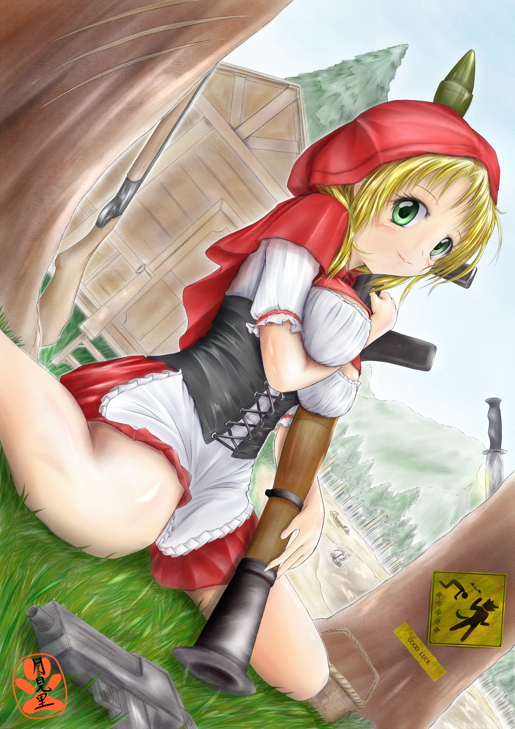 1girl anachronism artist_name basket between_breasts big_bad_wolf_(grimm) blonde_hair blush breasts combat_knife dress dutch_angle grass green_eyes grimm's_fairy_tales gun halo hand_between_breasts handgun highres holding_weapon hood knife large_breasts lipstick little_red_riding_hood little_red_riding_hood_(grimm) log_cabin makeup pitfall rifle road_sign rocket_launcher rpg rpg-7 short_hair sign signature sitting smile solo stuck translated trapped tree wariza weapon wolf yamanashi_kotoya
