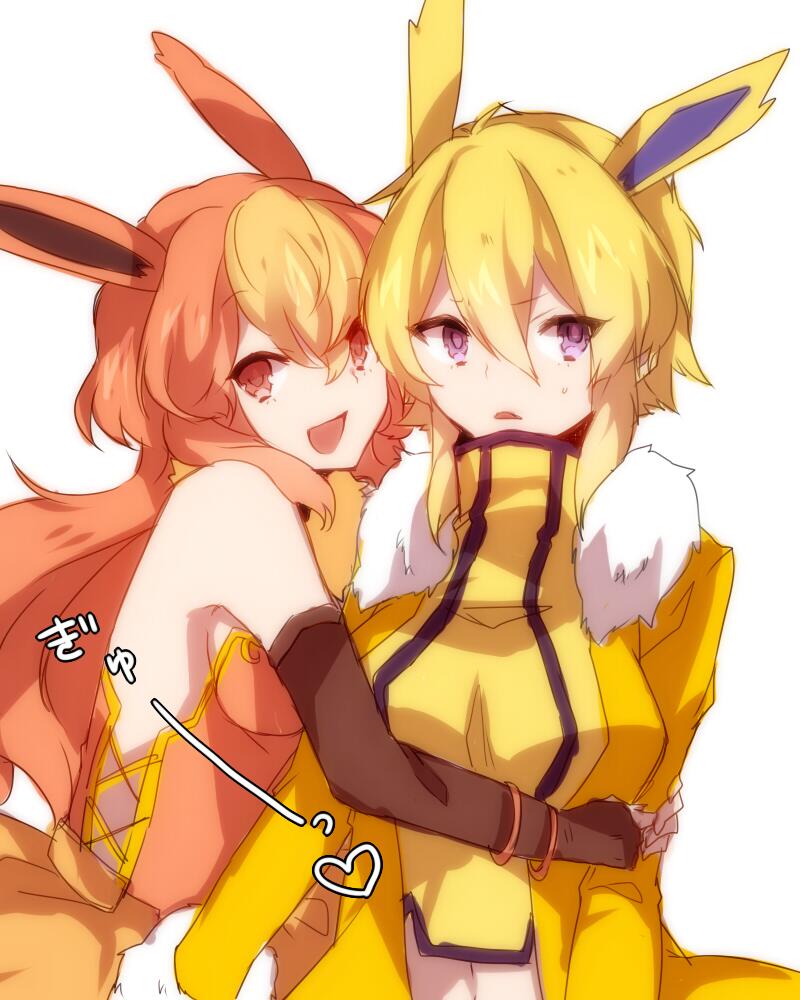 2girls blonde_hair elbow_gloves flareon gloves hug jolteon multicolored_hair multiple_girls open_mouth orange_hair personification pokemon red_eyes redhead rough takeshima_(nia) two-tone_hair violet_eyes white_background