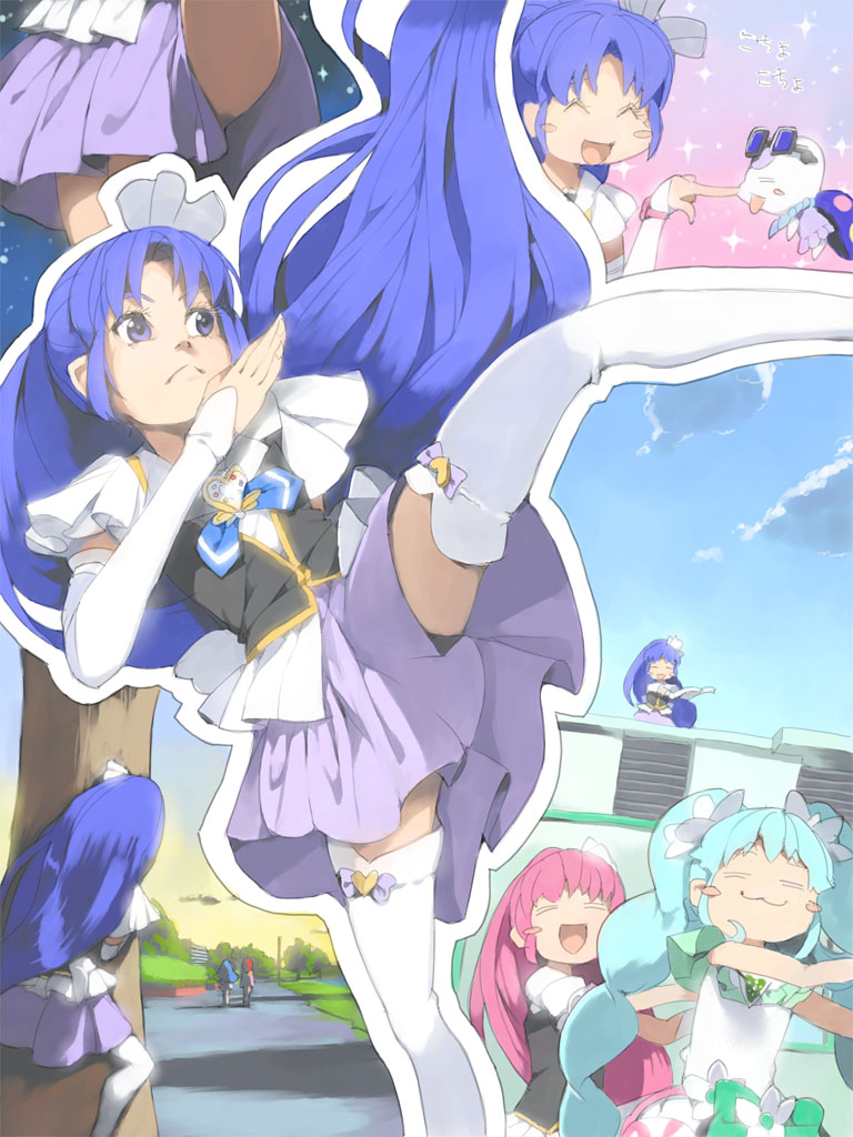 aino_megumi akinbo_(hyouka_fuyou) blue_eyes blue_hair blue_skirt cure_fortune cure_lovely cure_princess gurasan_(happinesscharge_precure!) hair_ornament happinesscharge_precure! hikawa_iona long_hair macadamia_hula_dance magical_girl montage pink_eyes pink_hair ponytail precure shirayuki_hime skirt smile thigh-highs twintails wrist_cuffs