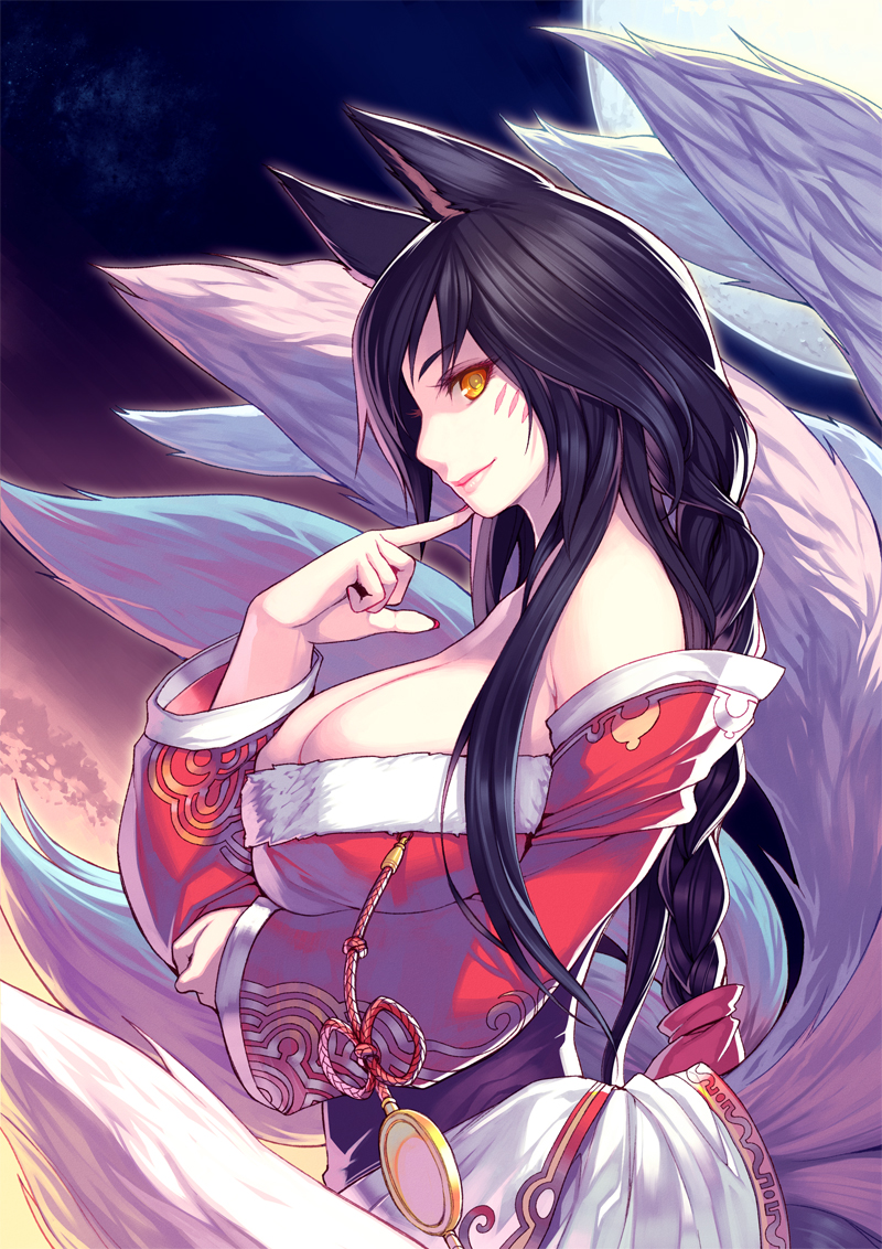 1girl ahri animal_ears black_hair blush breast_hold breasts cleavage facial_mark fox_ears fox_tail kimura_daisuke large_breasts league_of_legends lips long_hair multiple_tails profile smile solo tail yellow_eyes