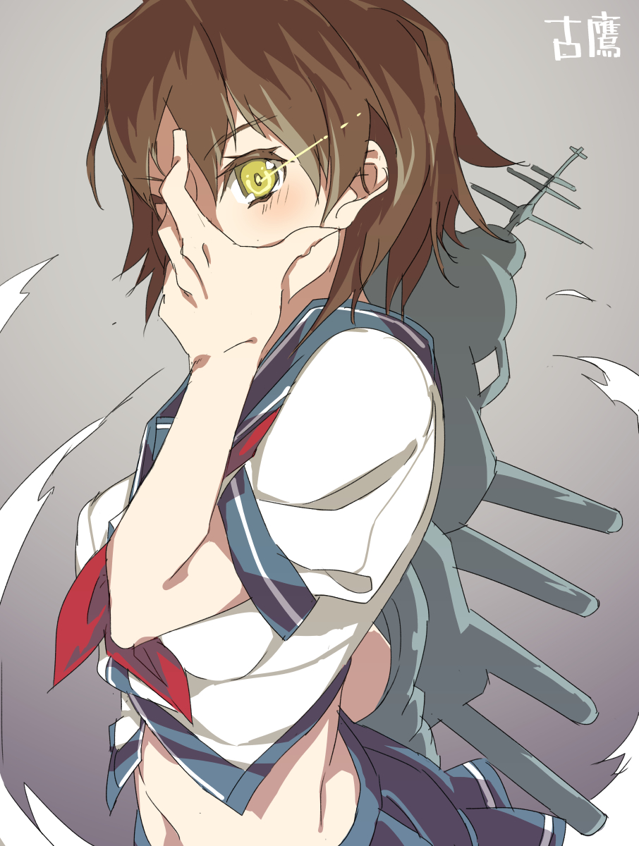 1girl brown_hair furutaka_(kantai_collection) gradient gradient_background hand_on_own_face highres kantai_collection midriff personification school_uniform serafuku short_hair simple_background skirt solo super_zombie tagme wink yellow_eyes