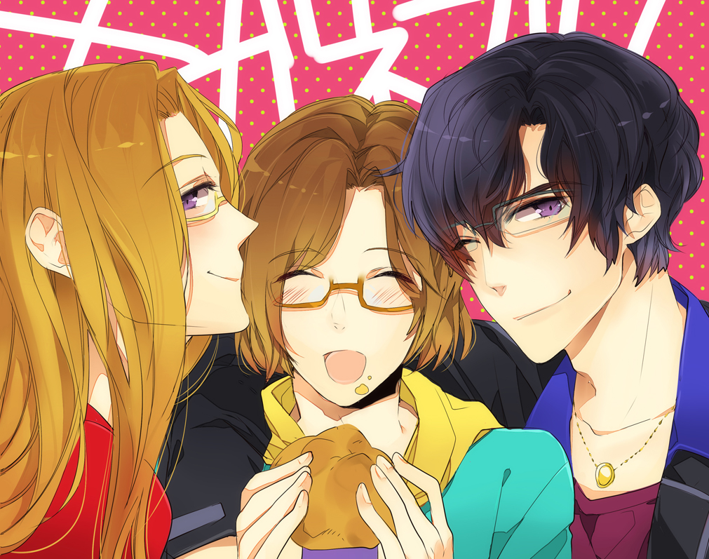 3boys arm_around_shoulder black-framed_glasses black_hair blonde_hair blush brothers brown-framed_glasses brown_hair closed_eyes cream_puff eating family food food_on_face glasses hachimine_satoshi hachimine_shinji hachimine_takuma jewelry lmoon long_hair male glassesbu! multiple_boys necklace open_mouth semi-rimless_glasses short_hair siblings smile under-rim_glasses violet_eyes wink yellow-framed_glasses