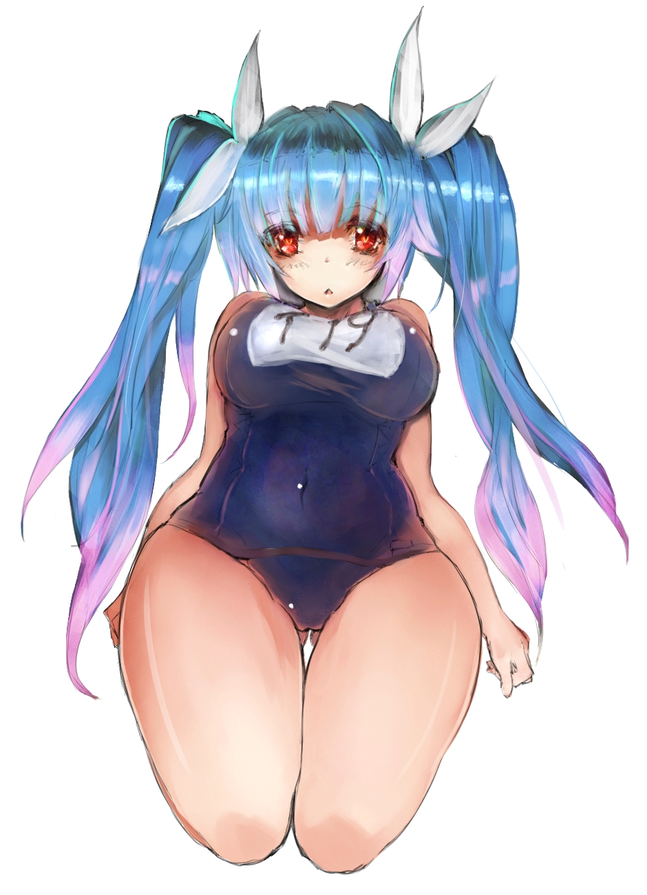 1girl blue_hair breasts gond gradient_hair hair_ribbon highres i-19_(kantai_collection) kantai_collection large_breasts long_hair looking_at_viewer multicolored_hair name_tag personification pink_hair red_eyes ribbon school_swimsuit solo swimsuit thigh_gap thighs twintails white_background