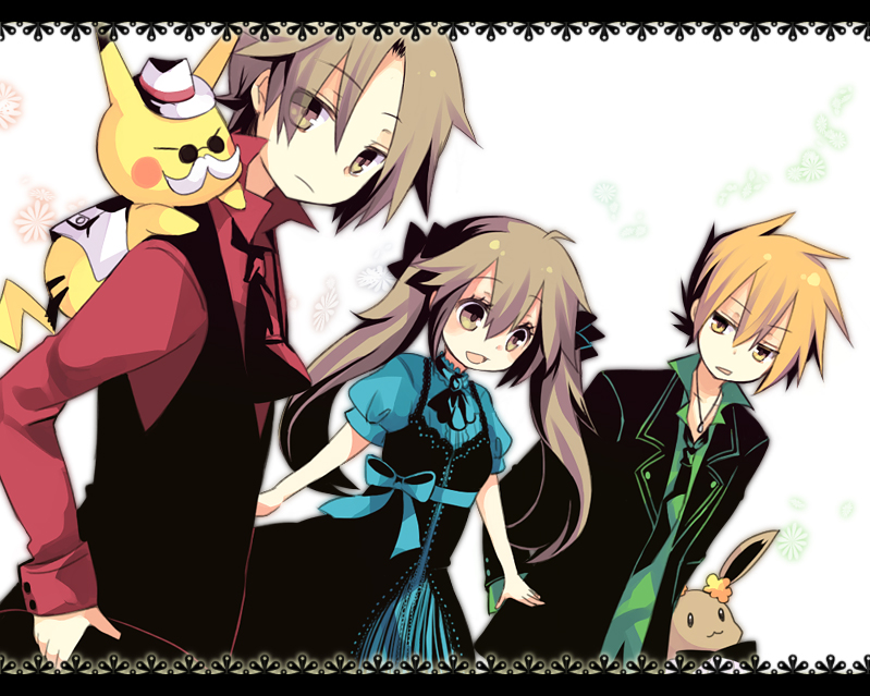 1girl 2boys alternate_costume aruya_(flosrota) bad_id bespectacled blue_(pokemon) bow bowtie brown_eyes brown_hair dress dress_shirt eevee eyes_visible_through_hair facial_hair flower_(symbol) frown glasses hair_between_eyes hair_bow hat jacket jewelry katsura_(pokemon) katsura_(pokemon)_(cosplay) leather_jacket letterboxed long_hair multiple_boys mustache neck_ribbon necklace necktie ookido_green_(frlg) open_clothes open_jacket open_mouth orange_eyes orange_hair outstretched_arms payot pikachu pokemon pokemon_(creature) pokemon_(game) pokemon_frlg popped_collar porkpie_hat puffy_sleeves red_(pokemon) red_(pokemon)_(remake) ribbon shirt short_hair spiky_hair twintails vest