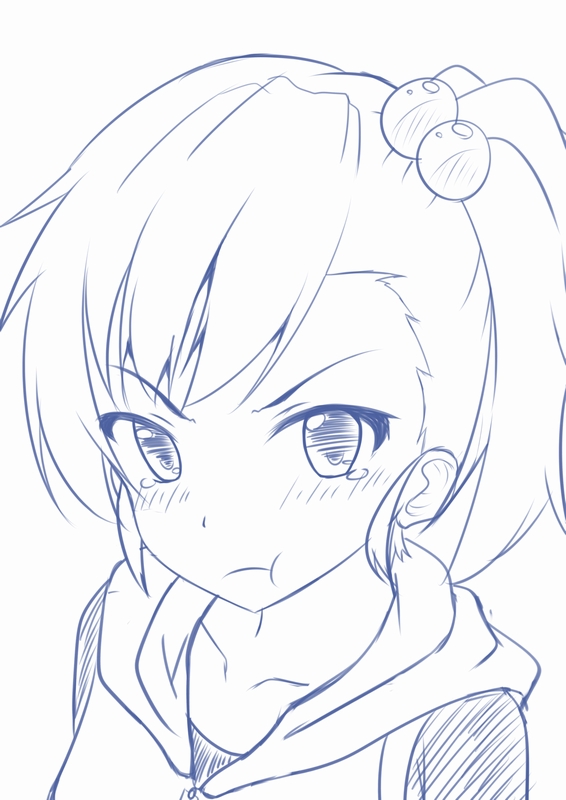 1girl :t bust fuku_d futami_mami hair_bobbles hair_ornament hoodie idolmaster looking_at_viewer monochrome short_hair side_ponytail sketch solo tears