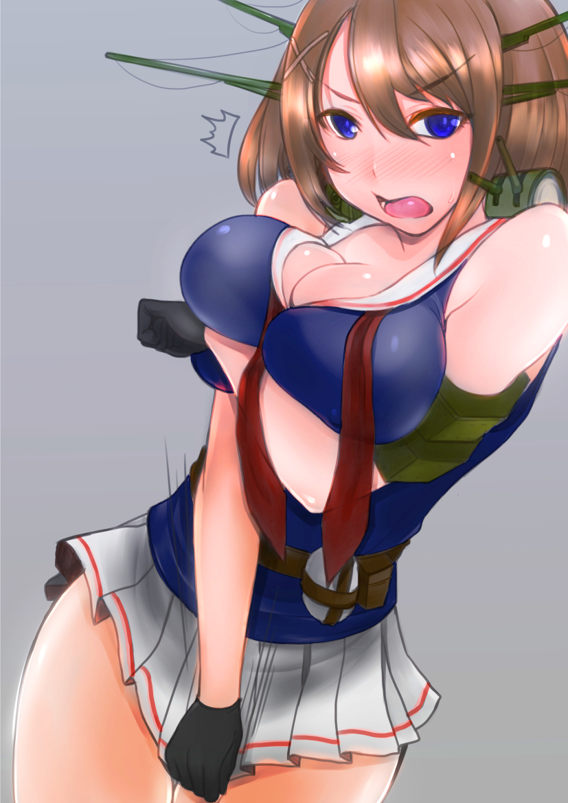 1girl blue_eyes blush breast_lift breasts brown_hair gloves headgear kantai_collection large_breasts looking_at_viewer maya_(kantai_collection) open_mouth otzer personification short_hair skirt skirt_tug solo sweatdrop