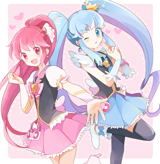 2girls aino_megumi black_legwear blue_eyes blue_hair crown cure_lovely cure_princess happinesscharge_precure! heart long_hair looking_at_viewer magical_girl mei_(maysroom) multiple_girls open_mouth pink_eyes pink_hair ponytail precure shirayuki_hime skirt thigh-highs twintails wink