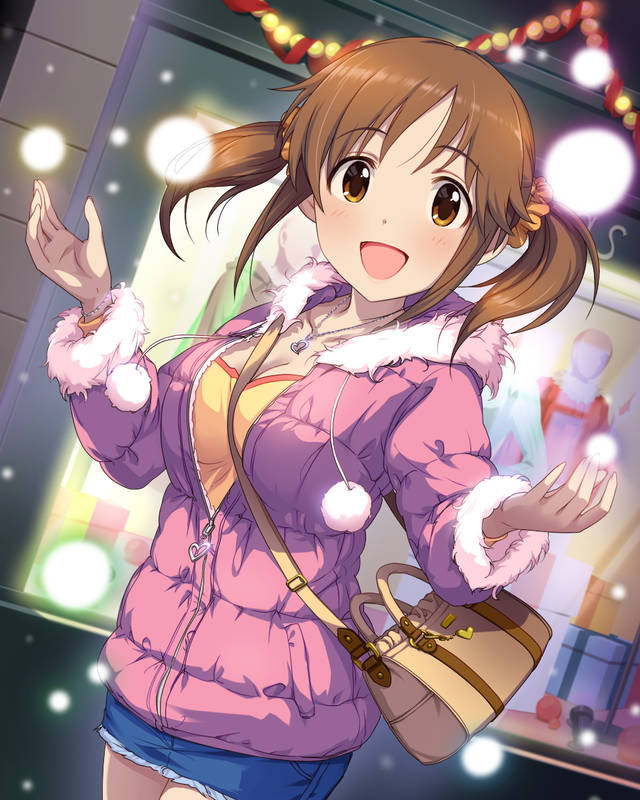 1girl :d bag breasts brown_eyes brown_hair cleavage denim denim_skirt fur_collar fur_trim heart heart_necklace idolmaster idolmaster_cinderella_girls jewelry jpeg_artifacts looking_at_viewer miniskirt necklace night official_art open_mouth outdoors parka pendant shop shoulder_bag skirt smile solo strap_cleavage totoki_airi twintails winter winter_clothes