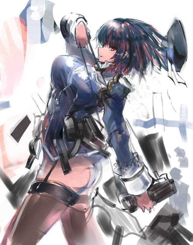 1girl black_hair black_legwear breasts garter_straps gond kantai_collection large_breasts personification rough short_hair solo takao_(kantai_collection) thigh-highs uniform