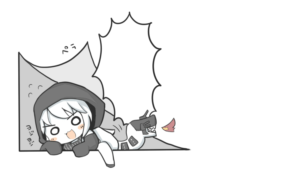 1girl blush chibi climbing hood jacket kantai_collection o_o open_mouth re-class_battleship shinkaisei-kan short_hair silver_hair smile tail yuasan