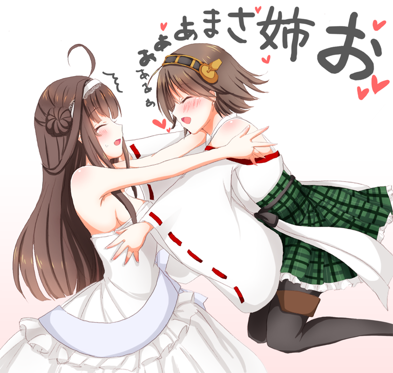 2girls bare_shoulders black_legwear breasts brown_hair choker cleavage closed_eyes detached_sleeves double_bun dress flower hairband headgear hiei_(kantai_collection) japanese_clothes jumping kantai_collection kongou_(kantai_collection) long_hair multiple_girls nontraditional_miko open_mouth pantyhose personification plaid rose short_hair skirt smile sotogawa_max thigh-highs wedding_dress white_rose