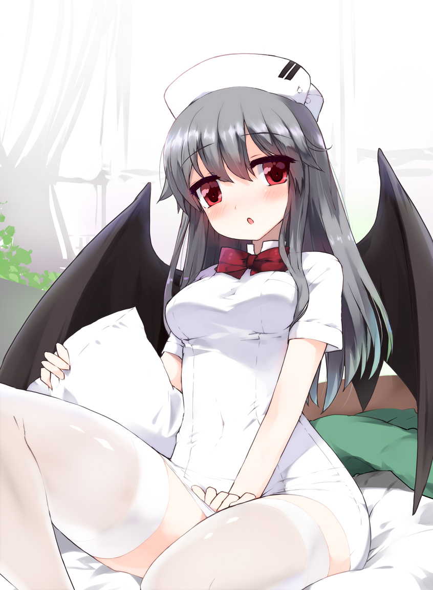 1girl bat_wings black_hair blush character_request clothed_navel hat kt2 long_hair pillow red_eyes short_sleeves solo thigh-highs white_legwear wings zettai_ryouiki