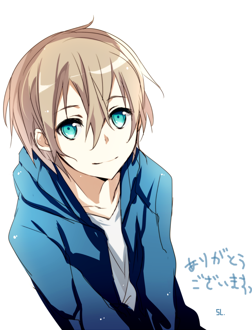 1boy blonde_hair blue_eyes eugeo hoodie jacket jianmo_sl short_hair smile sword_art_online