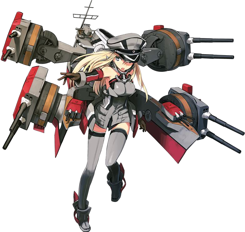 1girl bismarck_(kantai_collection) blonde_hair breasts brown_gloves cannon detached_sleeves gloves grey_eyes grey_legwear hat kantai_collection long_hair mecha_musume official_art open_mouth peaked_cap shimada_fumikane solo thigh-highs transparent_background