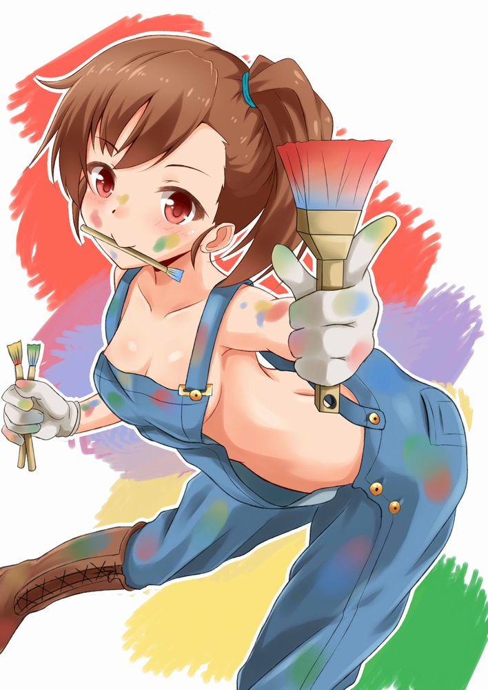 1girl brown_hair fuku_d futami_mami idolmaster leaning_forward looking_at_viewer mouth_hold naked_overalls overalls paint_on_face paintbrush pointing pointing_at_viewer red_eyes short_hair side_ponytail solo
