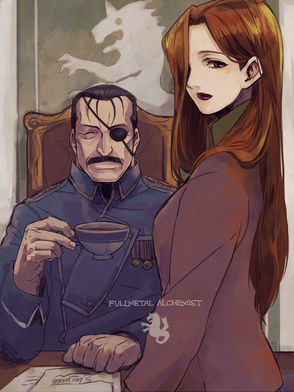 1boy 1girl black_hair brown_hair chair closed_eyes copyright_name cup desk drink emblem eyepatch facial_hair fullmetal_alchemist hair_over_one_eye holding king_bradley lipstick long_hair looking_at_viewer military military_uniform mustache pride short_hair sitting sloth smile suzuki_hayase tea teacup