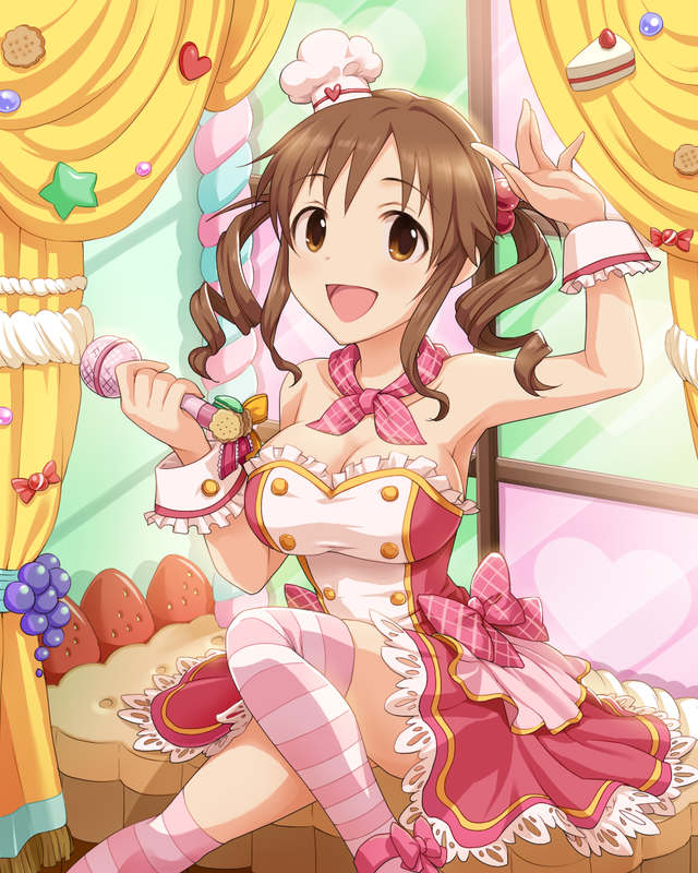 1girl artist_request breasts brown_hair cake chef_hat cleavage dress drill_hair food fruit hair_bobbles hair_ornament hat idolmaster idolmaster_cinderella_girls jpeg_artifacts kneehighs large_breasts microphone official_art ribbon scarf smile star strawberry striped striped_legwear totoki_airi twintails wrist_cuffs