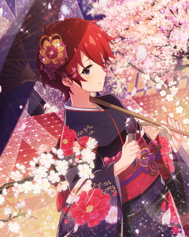 artist_request blue_eyes blush idolmaster idolmaster_million_live! japanese_clothes julia_(idolmaster) kimono red_hair sakura short_hair umbrella