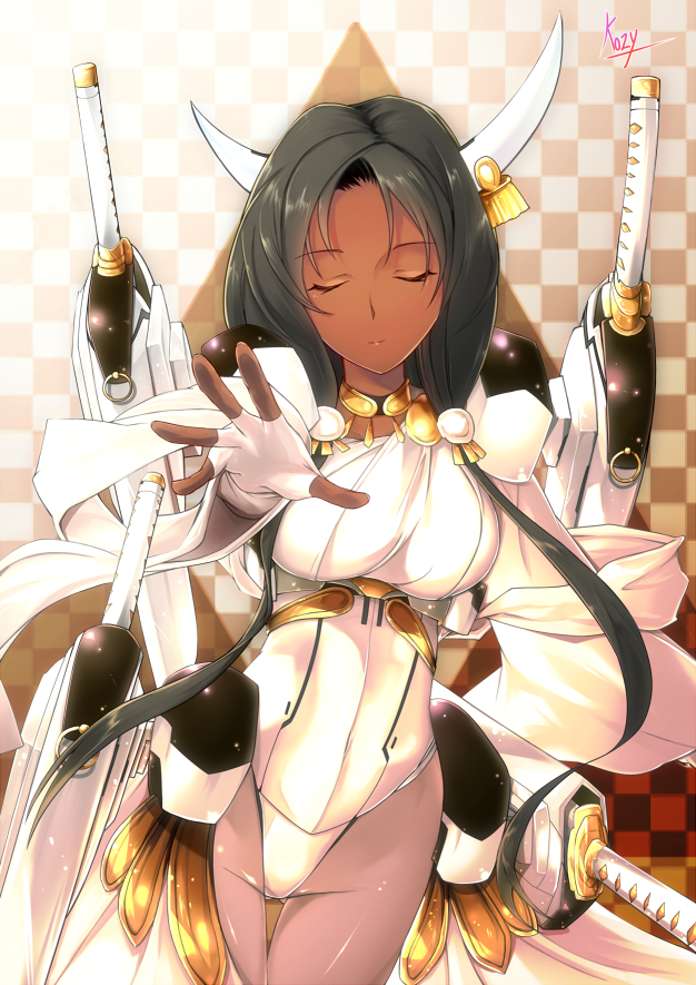 1girl black_hair bodysuit breasts closed_eyes dark_skin fingerless_gloves gloves horns houjou_ujinao katana kozy kyoukai_senjou_no_horizon long_hair solo sword weapon