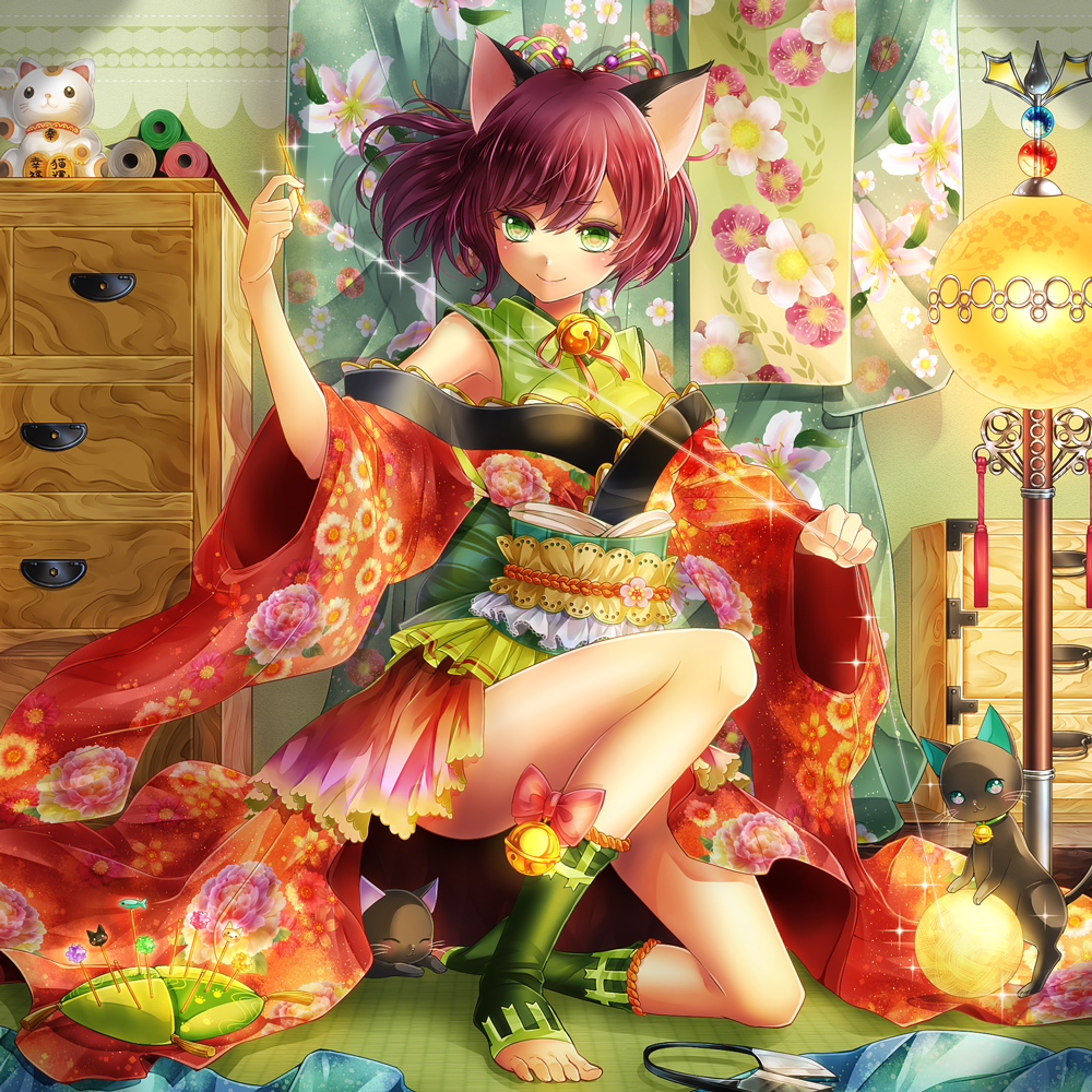 1girl animal_ears bell cat cat_ears green_eyes japanese_clothes jingle_bell kasugaya_(howafuwacat) kimono original purple_hair short_hair smile solo thread toeless_socks toes