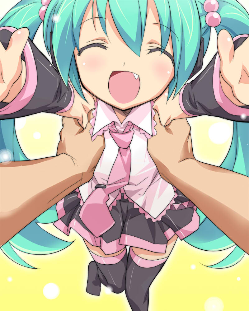 ^_^ alternate_color alternate_costume aqua_hair arms carry_me child closed_eyes detached_sleeves eeeeee extended_arms fang flat_chest hair_bobbles hair_ornament hands happy hatsune_miku hold holding jpeg_artifacts necktie open_mouth outstretched_arms petite_miku pov reach smile thigh-highs thighhighs twintails vocaloid zettai_ryouiki