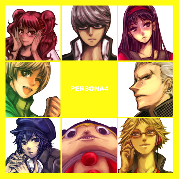 9wa amagi_yukiko black_eyes black_hair blonde_hair blue_eyes blue_hair brown_eyes brown_hair cabbie_hat earrings glasses grey_hair hairband hanamura_yousuke hat headphones kujikawa_rise kuma_(persona_4) long_hair narukami_yuu open_mouth persona persona_4 piercing redhead satonaka_chie seta_souji shirogane_naoto short_hair tatsumi_kanji twintails white_hair wink