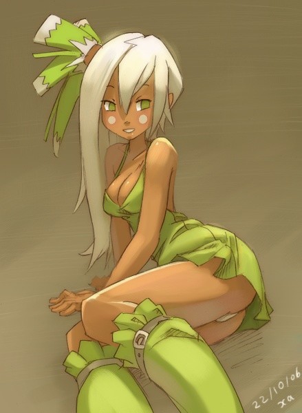 arm_support ass bare_shoulders blush_stickers breasts cleavage dark_skin dress dutch_angle green green_dress green_eyes hair_ornament long_hair md5_mismatch on_side panties pantyshot signature smile solo underwear white_hair xavier_houssin