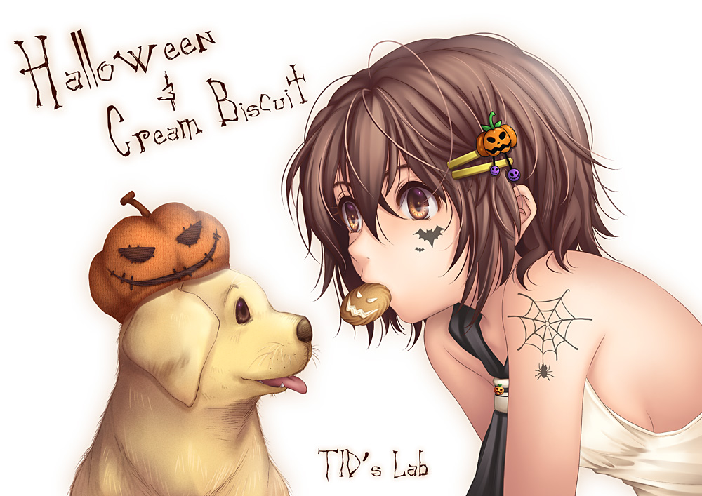 brown_eyes brown_hair cookie dog face_paint facepaint food food_as_clothes food_themed_clothes hair_ornament hairclip halloween hat mouth_hold pumpkin spider_web tattoo tidsean web