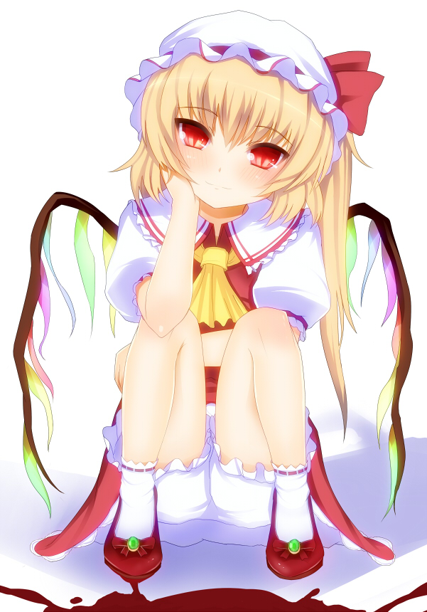 blood bloomers chin_rest flandre_scarlet flat_chest hat interstellar red_eyes sitting slit_pupils smile solo touhou wings