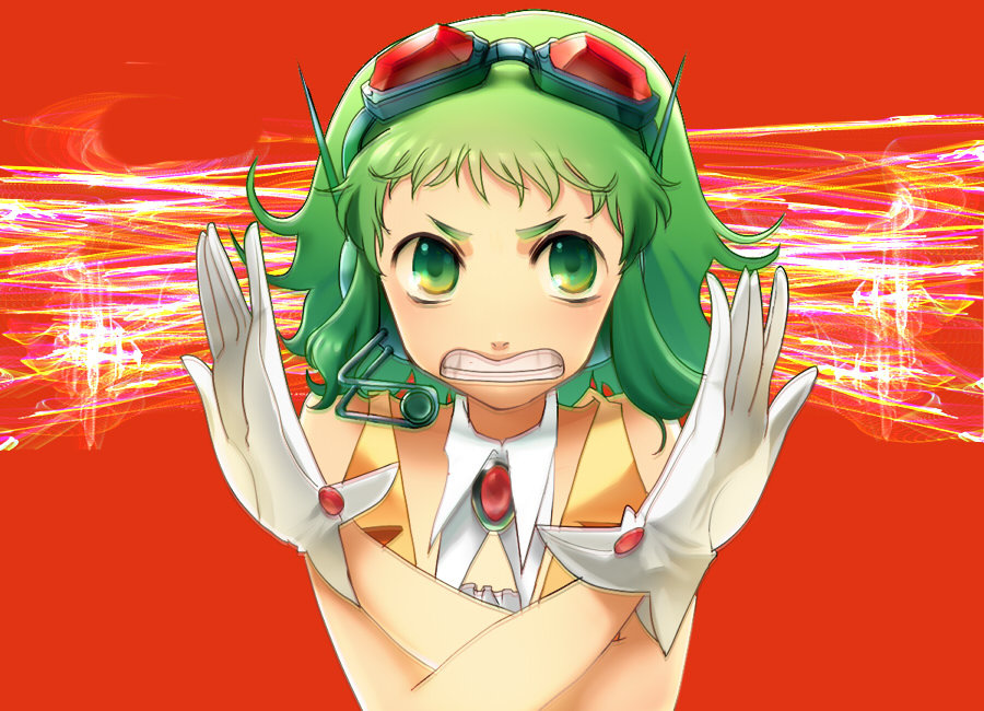 bad_id clenched_teeth gloves goggles goggles_on_head green_eyes green_hair gumi headphones headset kane motion_blur short_hair solo vocaloid