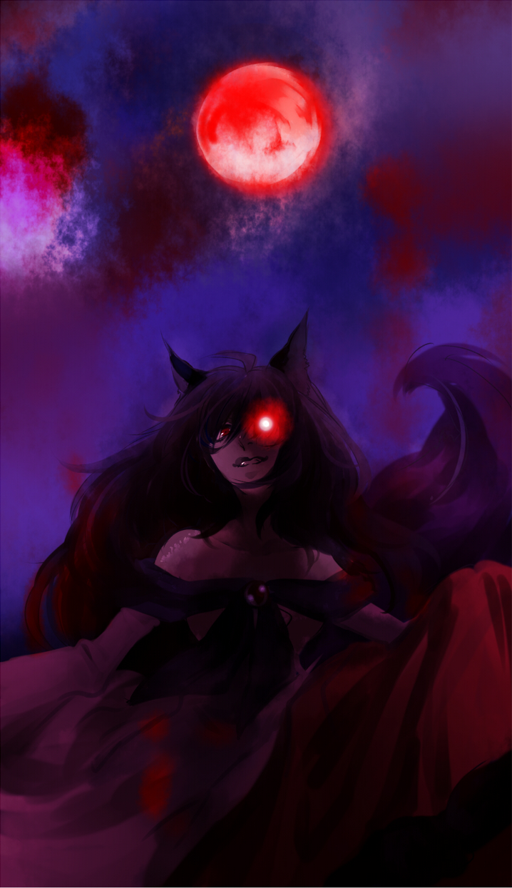 1girl animal_ears astatine bare_shoulders brooch brown_hair dress evil_grin evil_smile glowing glowing_eye grin highres imaizumi_kagerou jewelry long_hair long_sleeves moon red_eyes red_moon smile solo tail teeth touhou wolf_ears wolf_tail