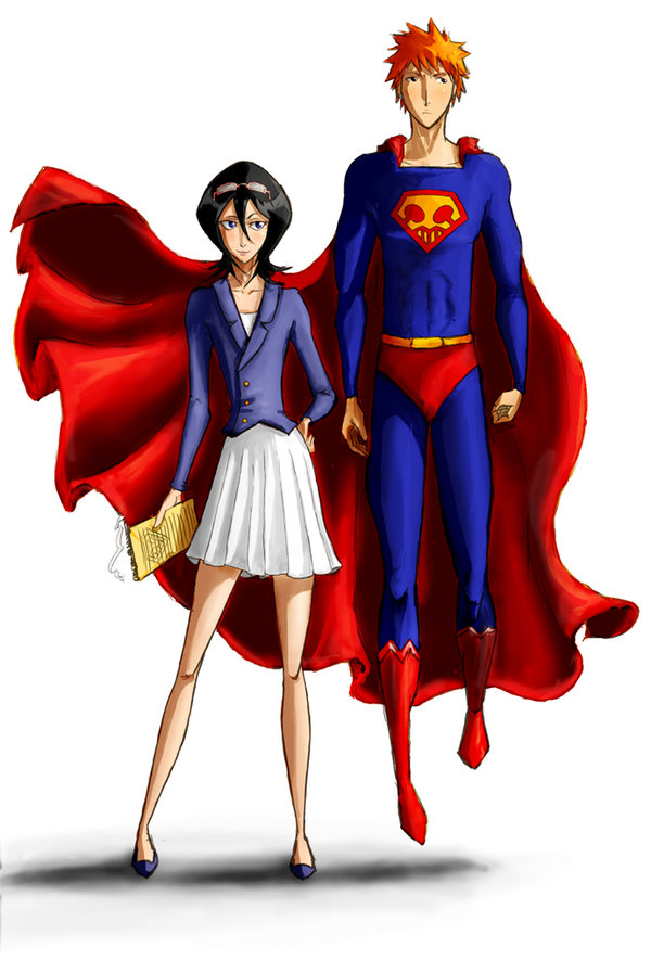 bleach cape dc_comics floating kuchiki_rukia kurosaki_ichigo parody superman superman_(cosplay) tagme