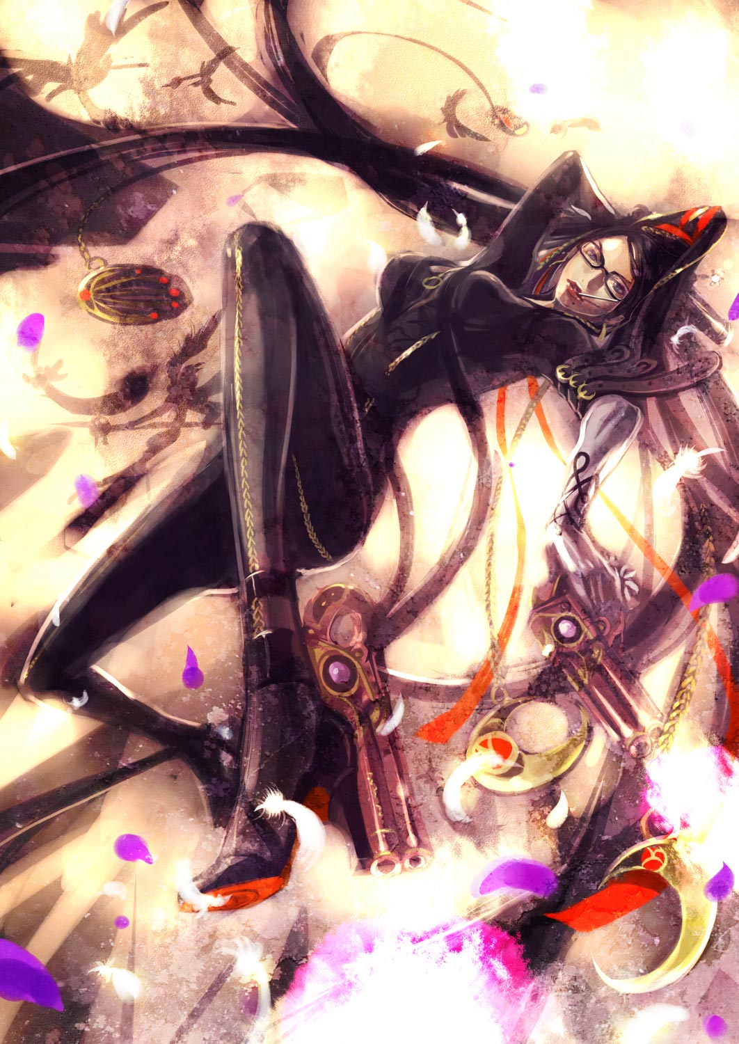 bayonetta_(character) black_hair bodysuit boots candy chains eyeshadow faux_traditional_media feathers gin_(oyoyo) glasses gloves grey_eyes gun hair_bun heels high_heels highres lollipop long_hair mole red_ribbon ribbon spandex very_long_hair weapon