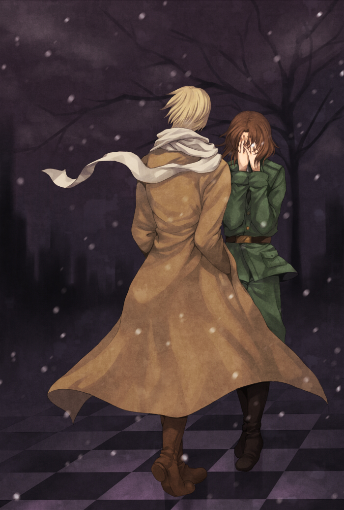 belt blonde_hair boots brown_hair coat hands_in_pockets lithuania_(hetalia) male military military_uniform outdoors rinka russia_(hetalia) scarf short_hair snow trench_coat uniform