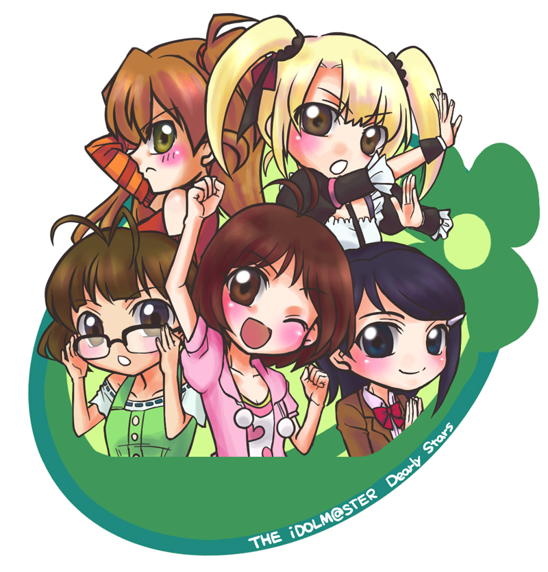 4girls adjusting_glasses ahoge akizuki_ryou antenna_hair bare_shoulders blonde_hair blue_eyes blue_hair blush brown_eyes brown_hair chibi clenched_hands crossdressing crossdressinging cyneria detached_sleeves glasses green_eyes hair_ornament hairclip hands_together hidaka_ai idolmaster idolmaster_dearly_stars mizutani_eri multiple_girls nagatsuki_kirin open_mouth pose raised_fist sakurai_yumeko short_hair smile suzuki_ayane trap twintails wink wrist_cuffs