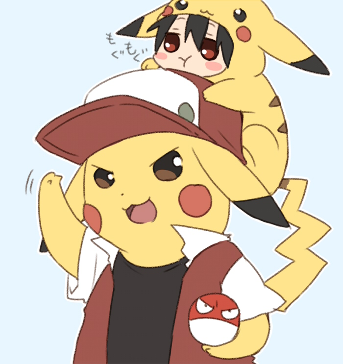 1boy 1other :t bad_id ball baseball_cap black_hair blush_stickers brown_eyes chibi cosplay costume creatures_(company) game_freak hat holding human maruki_(punchiki) mouse nintendo pikachu pikachu_(cosplay) pokemon pokemon_(creature) pokemon_(game) red_(pokemon) red_(pokemon)_(classic) red_(pokemon)_(cosplay) role_reversal simple_background voltorb white_background