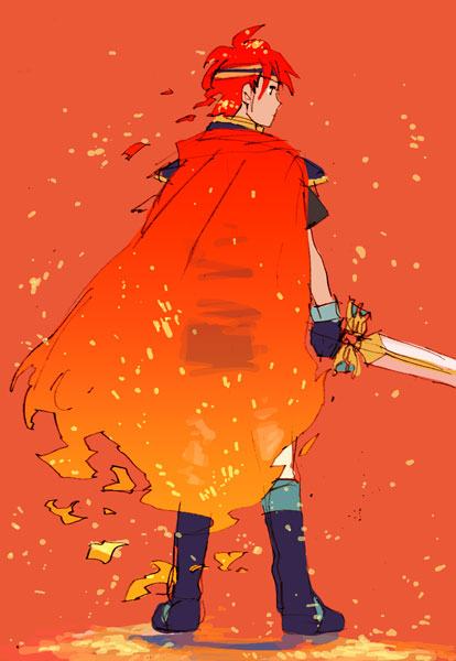 boots cape fire_emblem fire_emblem:_fuuin_no_tsurugi fire_emblem_fuuin_no_tsurugi gloves headband male orange_(color) orange_background red_hair redhead roy short_hair sketch solo sword weapon