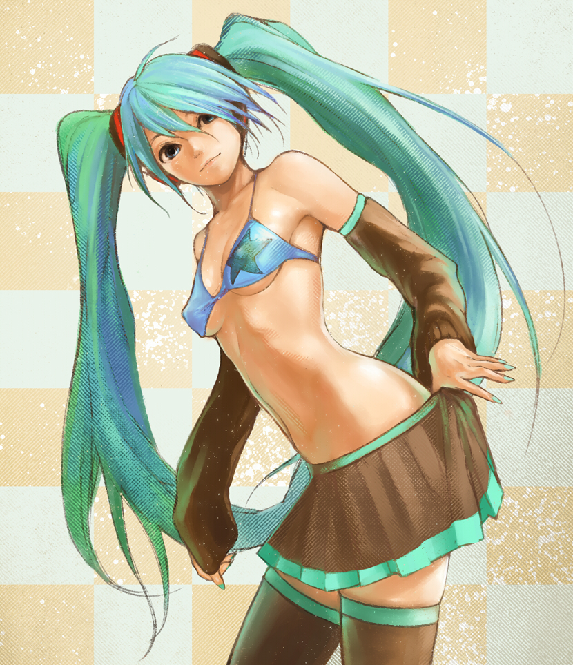 aqua_eyes aqua_hair bad_id bikini_top detached_sleeves fuumi fuumi_(black) hatsune_miku headphones long_hair skirt smile solo thigh-highs thighhighs twintails vocaloid zettai_ryouiki